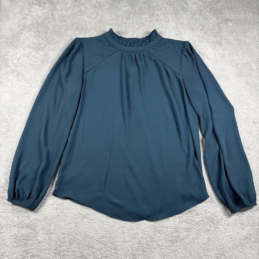 LOFT Solid Ruffle Mock Neck Long Sleeve Top Shoulder Design Blouse Blue/Green XS